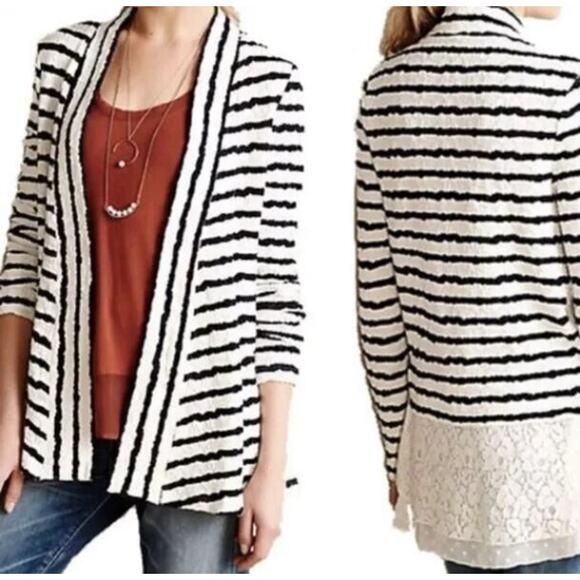 Postmark Anthropologie Size Medium M White Blue Stripe Lace Back Boho Cardigan - Picture 2 of 9